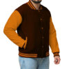 Brown wool body and bright gold sleeves plain varsity jackets wholesale with ribbed collar and bottom