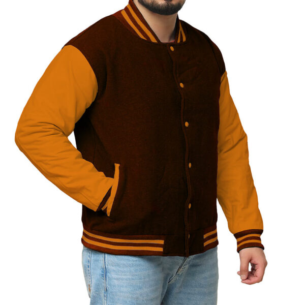 Brown wool body and bright gold sleeves plain varsity jackets wholesale with ribbed collar and bottom