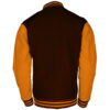 Brown wool body and bright gold sleeves letterman jacket back