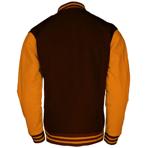 Brown wool body and bright gold sleeves letterman jacket back