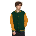 Dark green body and bright gold sleeves blank varsity jacket front with ribbed collar and bottom