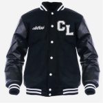 Snap closure black varsity letterman jacket with cowhide leather sleeves and embroidered logo