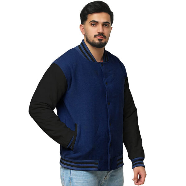Wool varsity jacket men with royal blue body and black leather sleeves