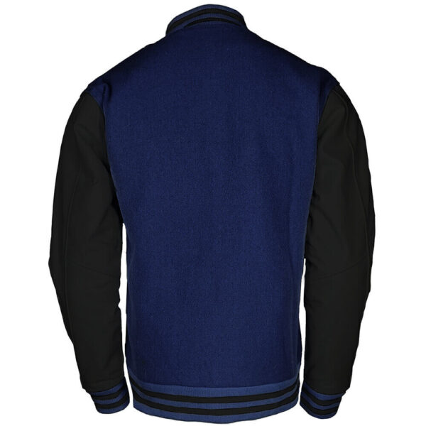 Royal blue body and black leather sleeves letterman jacket back