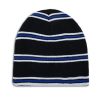 Black beanie with blue and white stripes