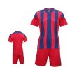 Hemmed short sleeves red striped soccer kit with blue stripes shirt