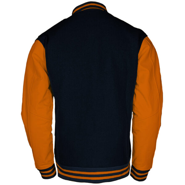 Black wool body and old gold leather sleeves plain varsity jacket back