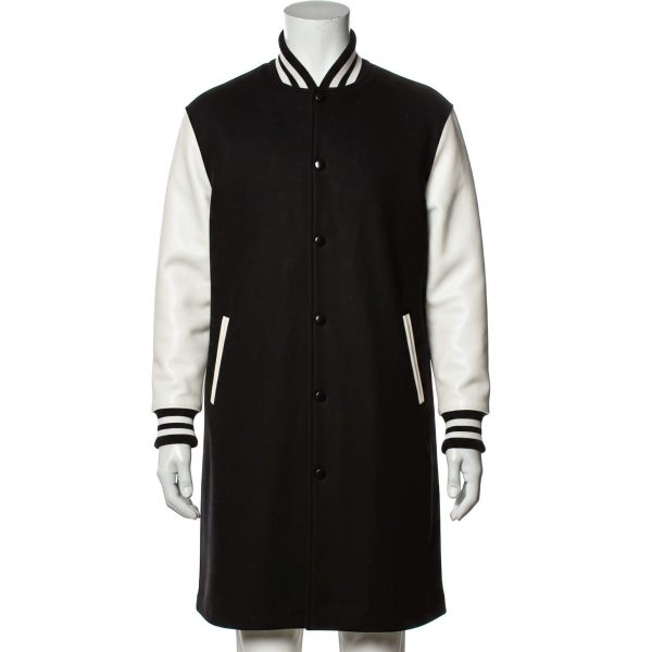 Black wool body and white wool sleeves long varsity coat front