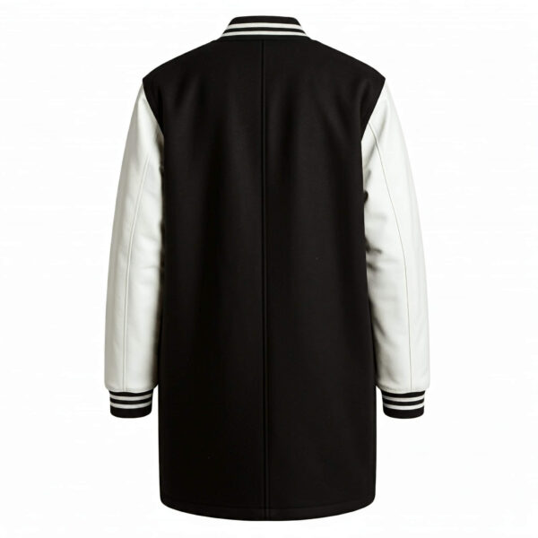 Black wool body and white wool sleeves long varsity coat back