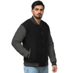 Black wool body and grey leather sleeves customizable varsity jacket