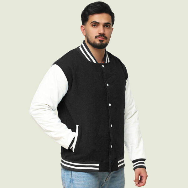 Black wool body and white leather sleeves blank letterman jacket with ribbed collar and bottom