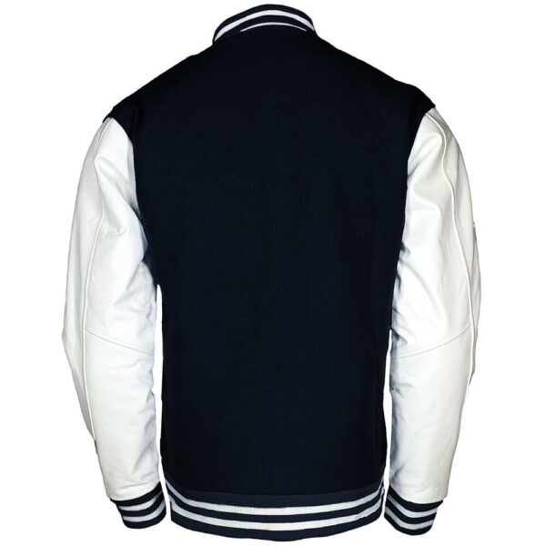 Black wool body and white leather sleeves letterman jacket back