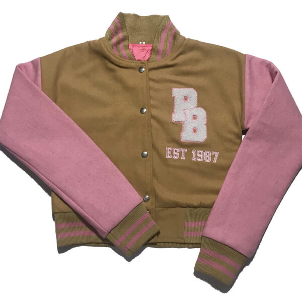 Caramel wool body and pink wool sleeves varsity cropped jacket