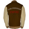 embroidered light brown wool body and cream leather sleeves letterman jacket back