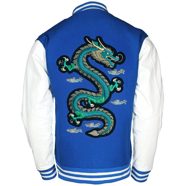 Dragon embroidered newark blue wool body and white leather sleeves letterman jacket back