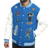 A newark blue wool body and leather sleeves embroidered letterman jackets with ribbed bottom and collar