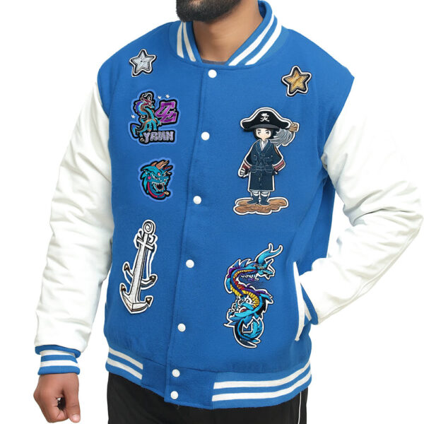 A newark blue wool body and leather sleeves embroidered letterman jackets with ribbed bottom and collar
