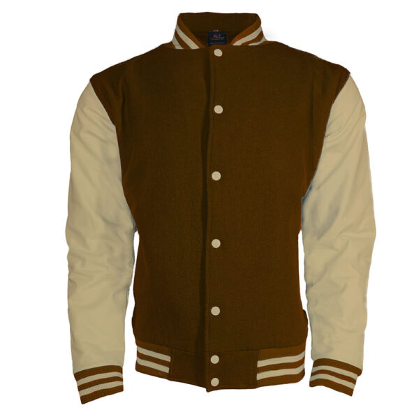 light brown varsity jackets in bulk with cream leather sleeves