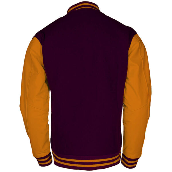 maroon wool body and bright gold leather sleeves letterman jacket back