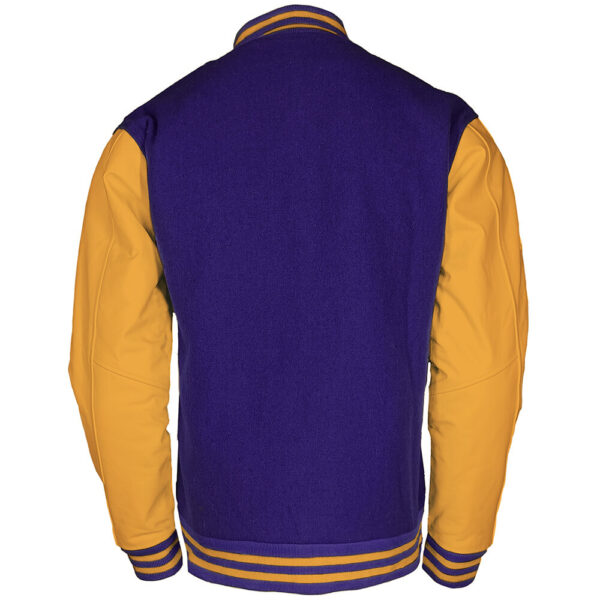 purple wool body and bright gold leather sleeves letterman jacket back