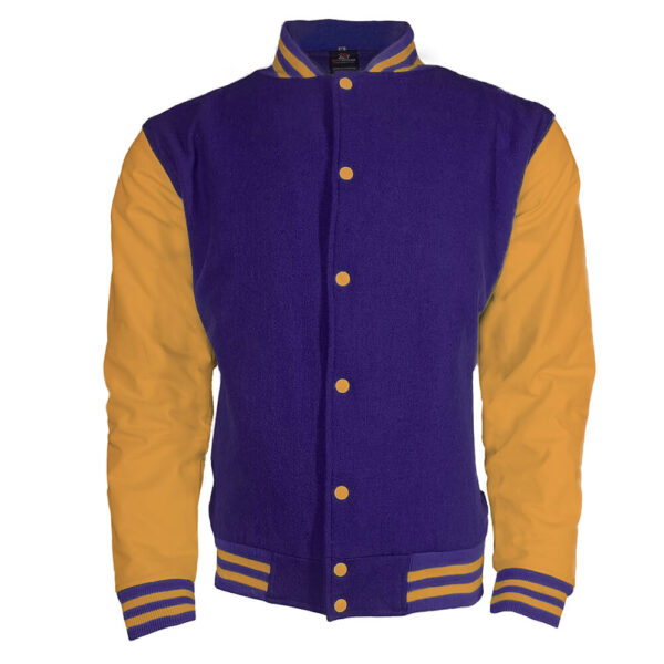 purple custom made letterman jackets with bright gold leather sleeves