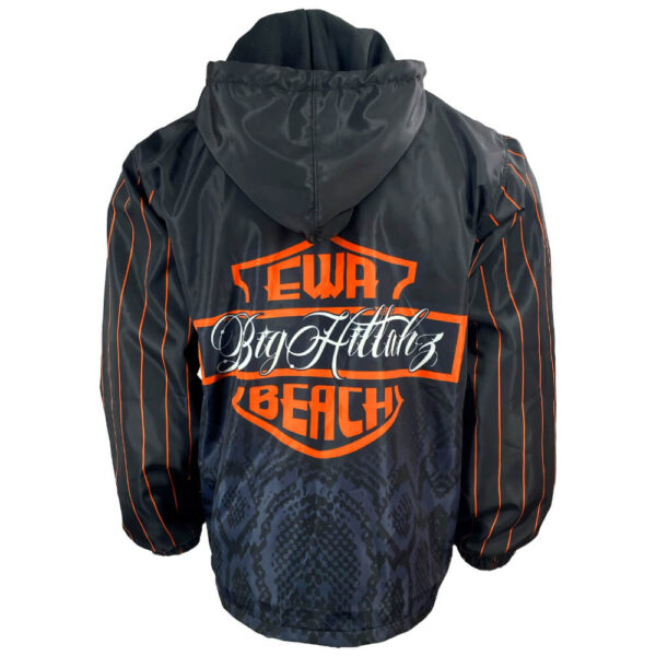 Polyester sublimated hooded black windbreaker jacket back