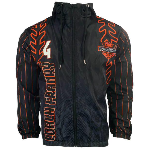 Polyester sublimated hooded black windbreaker jacket front