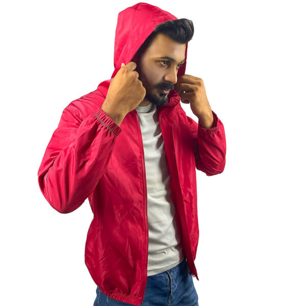 Red hooded men's windbreaker jacket