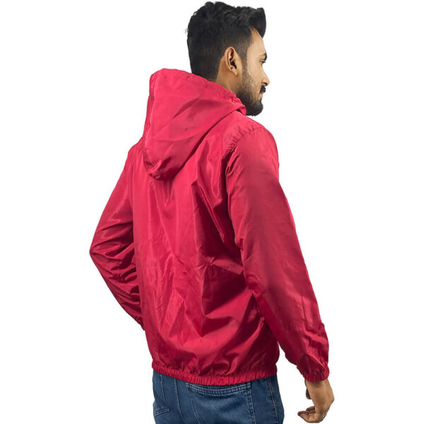 Red hooded men's windbreaker jacket back