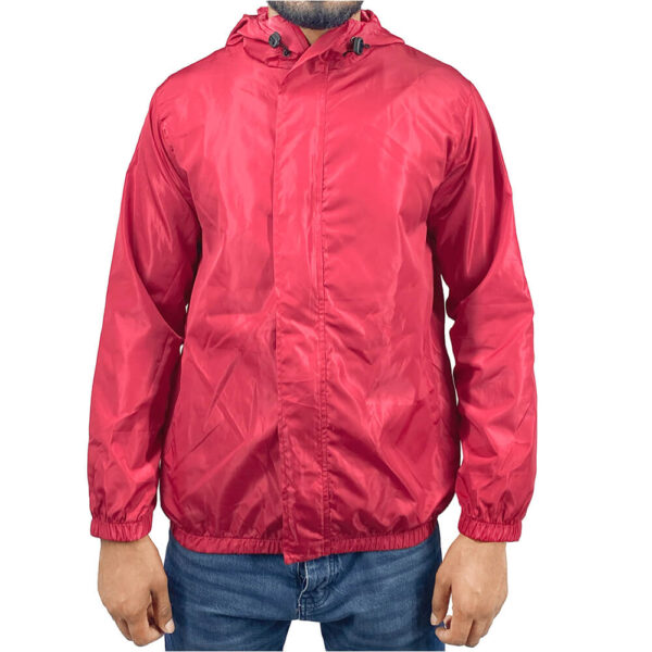 Red hooded men's windbreaker jacket front