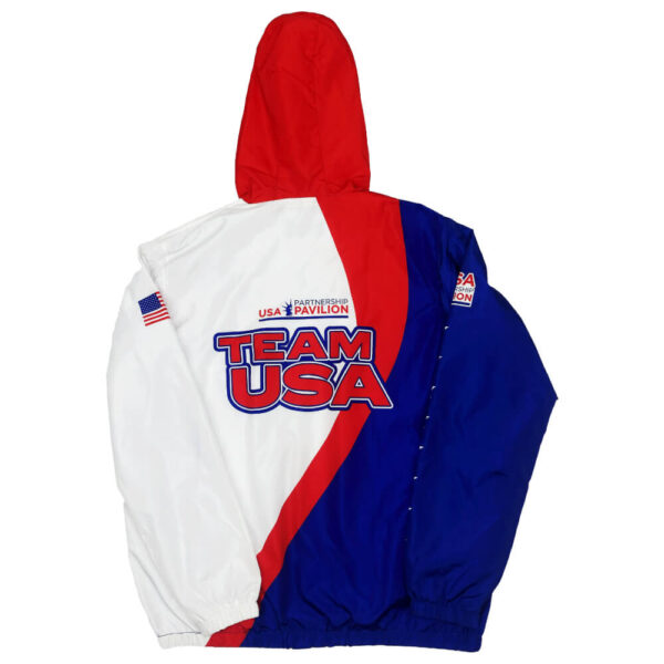 red, blue, white sublimated hooded custom windbreaker jacket back