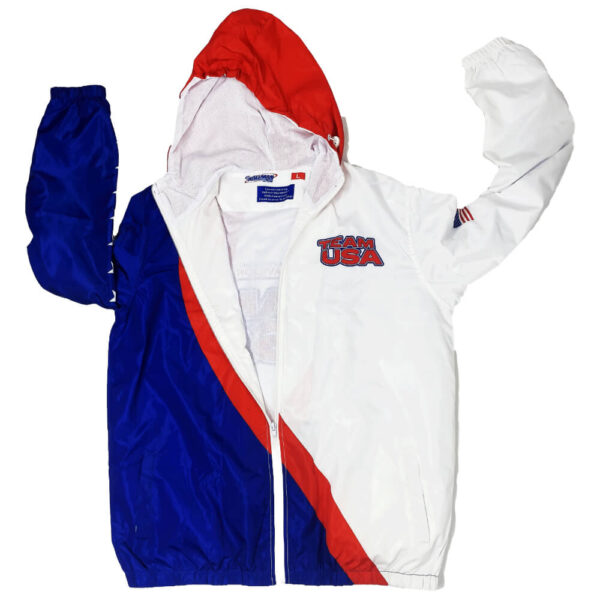 red, blue, white sublimated hooded custom windbreaker jacket