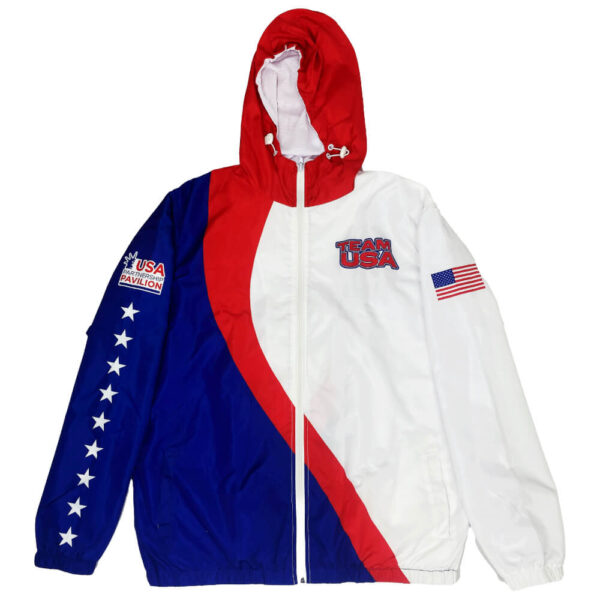 red, blue, white sublimated hooded custom windbreaker jacket front