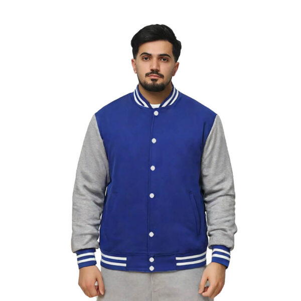 Royal blue body and grey leather sleeves fleece varsity jacket
