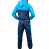 Two panel blue hooded windbreaker suit back