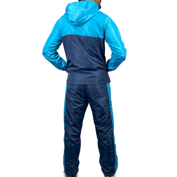 Two panel blue hooded windbreaker suit back