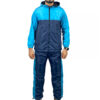 Two panel blue hooded windbreaker suit front