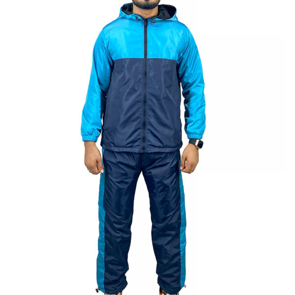 Two panel blue hooded windbreaker suit front