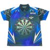 Front of a blue and black sublimation dart polo shirt with a lightning design, a dartboard graphic, and "WAYLON" above the pocket.