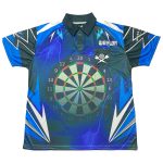 Front of a blue and black sublimation dart polo shirt with a lightning design, a dartboard graphic, and "WAYLON" above the pocket.