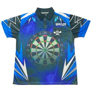 Front of a blue and black sublimation dart polo shirt with a lightning design, a dartboard graphic, and "WAYLON" above the pocket.