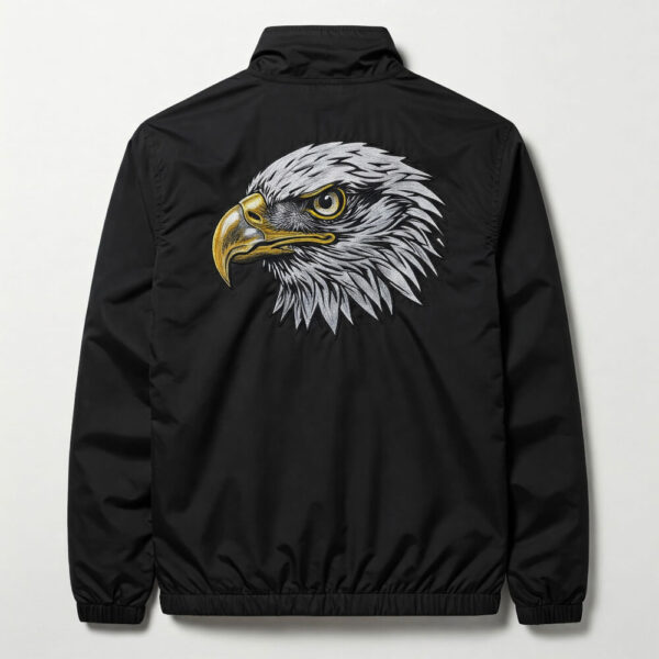 Black embroidered windbreaker jacket back with eagle's face