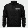 black embroidered windbreaker jacket front with company name embroidered on the chest