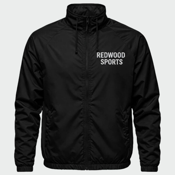 black embroidered windbreaker jacket front with company name embroidered on the chest