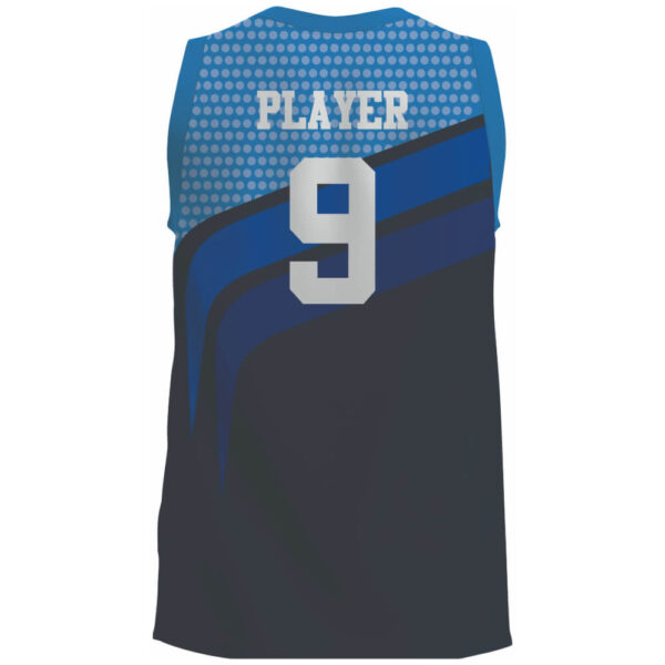 black and blue basketball jersey back with custom player name and number