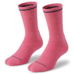 Pink basketball socks with dark blue stripes