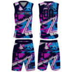 sublimated basketball uniform with pink, blue, and black design