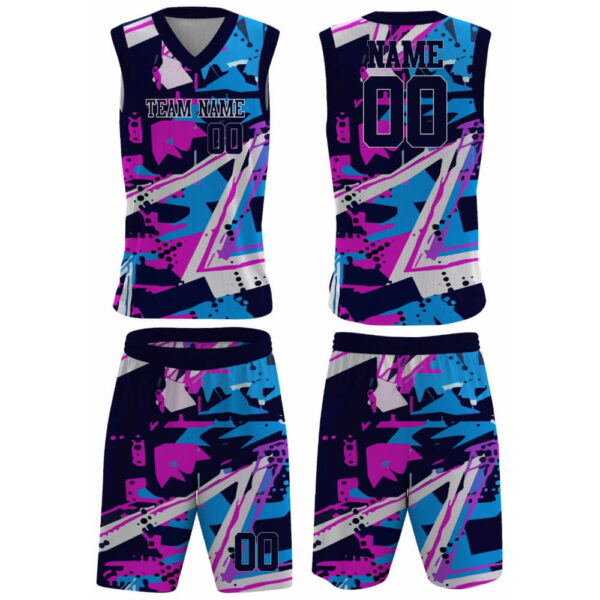 sublimated basketball uniform with pink, blue, and black design