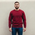 red embossed sweatshirt with redwood text and tree logo