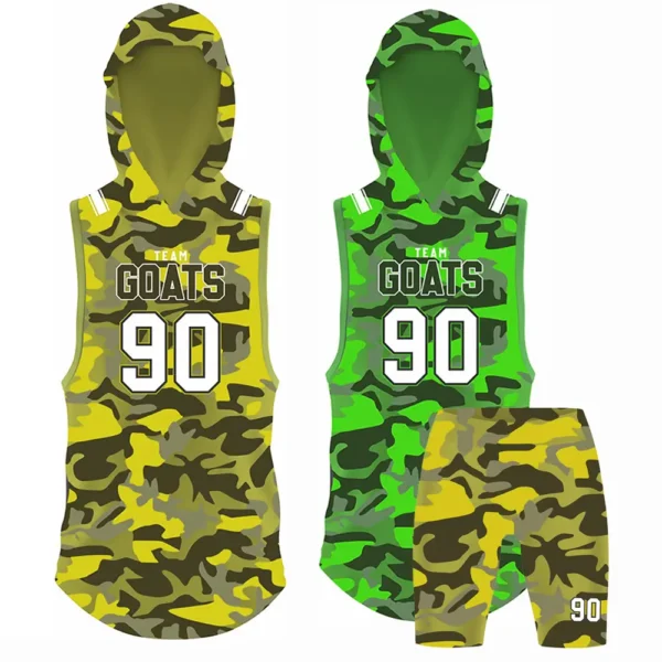 Camo hooded flag football uniform set 2 jerseys 1 shorts